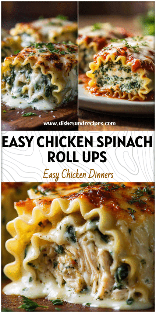 Golden Chicken and Spinach Lasagna Roll Ups topped with melted cheese and fresh herbs on a baking dish